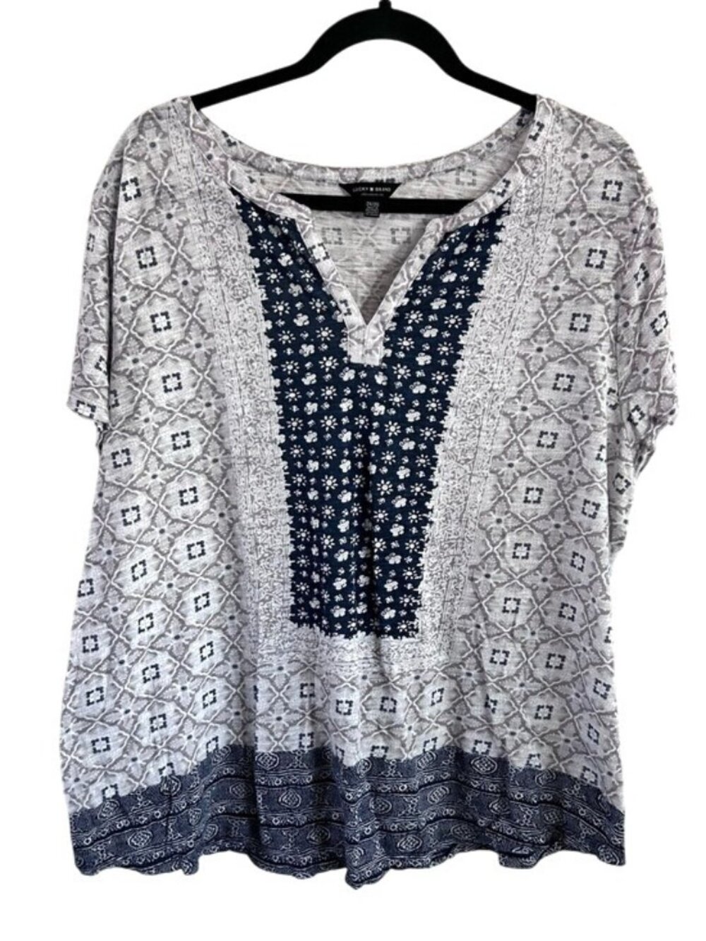 Lucky Brand Navy & White Printed Split-Neck Tunic T-Shirt Boho Plus Size 2X